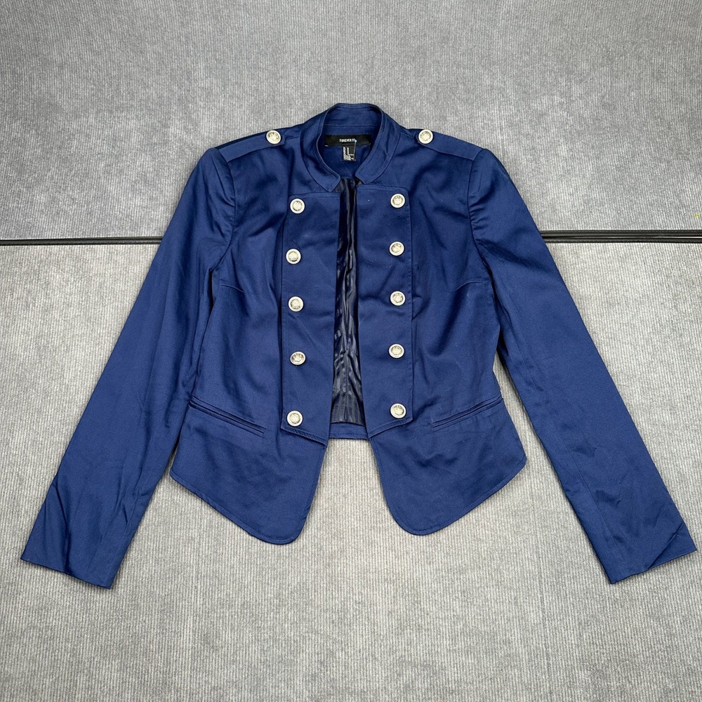 Forever 21 Navy Blue Military Band Jacket Silver Button Y2k Cropped Blazer Med.